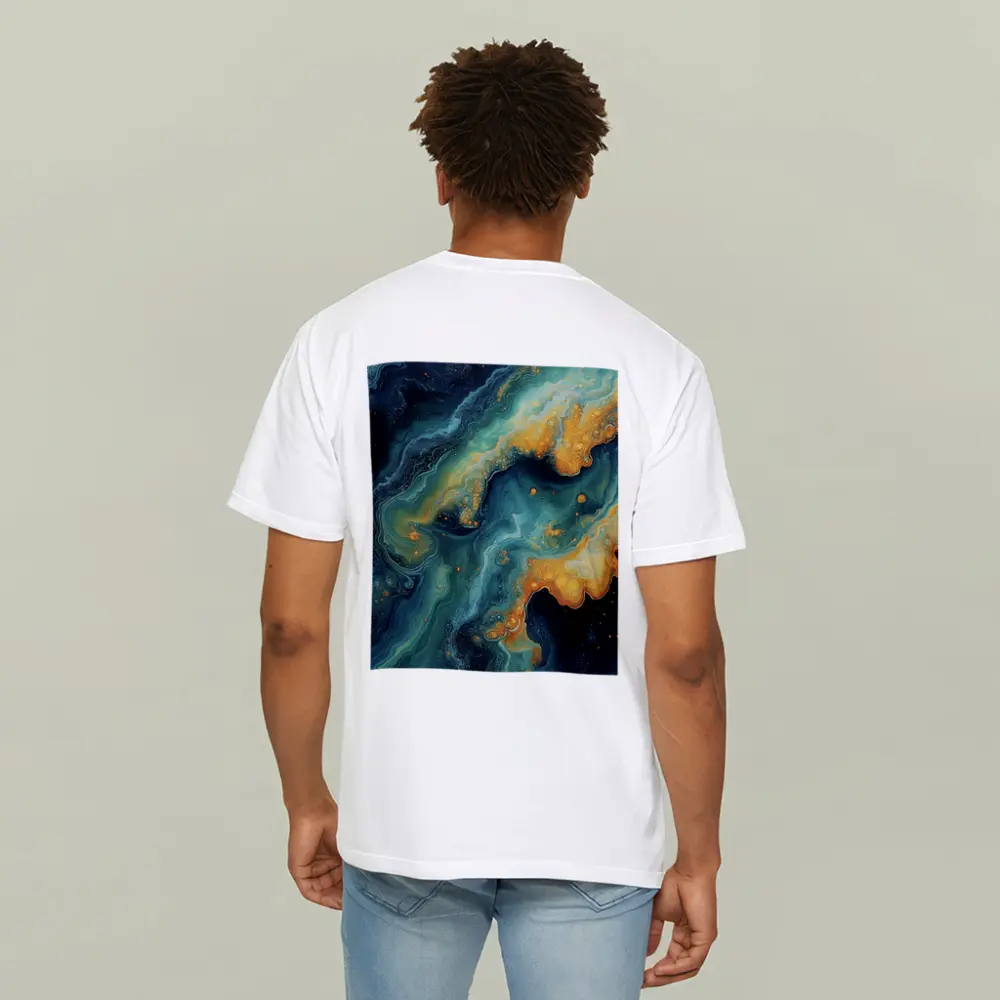 Dark Teal Gold Swirling Marble Abstract Art – T-Shirts