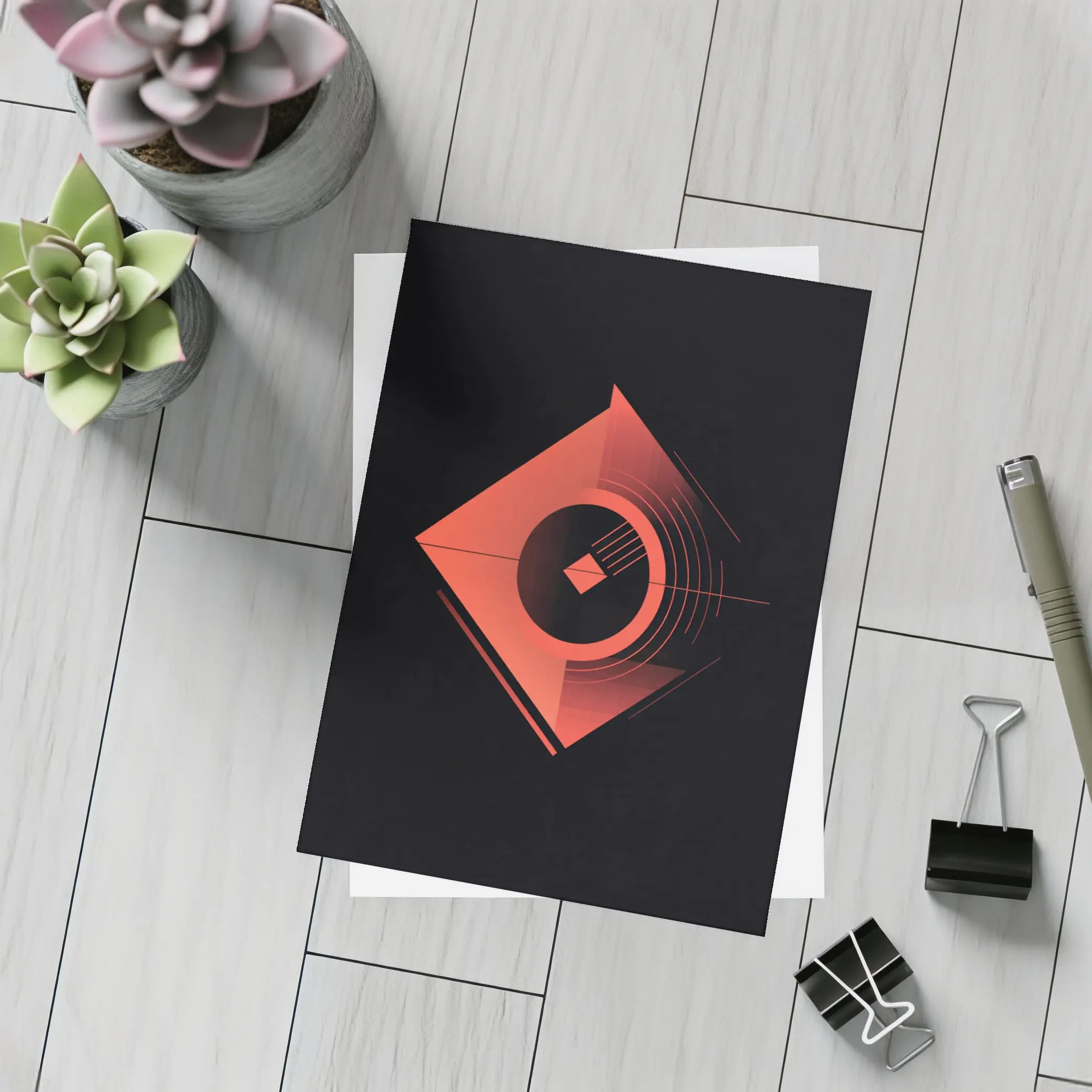 Red Geometric Abstract Art Dark Background – Postcards