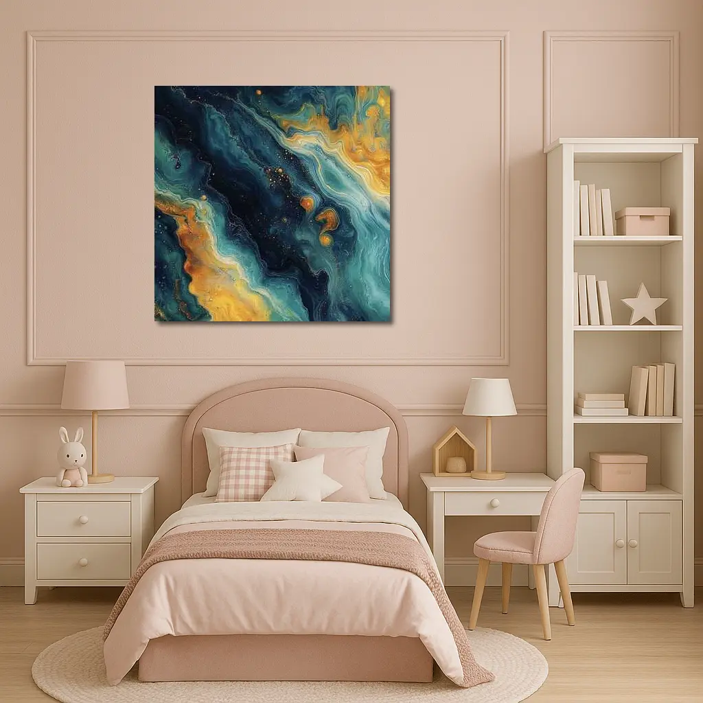 Teal Gold Marble Abstract Fluid Art – Wall Art