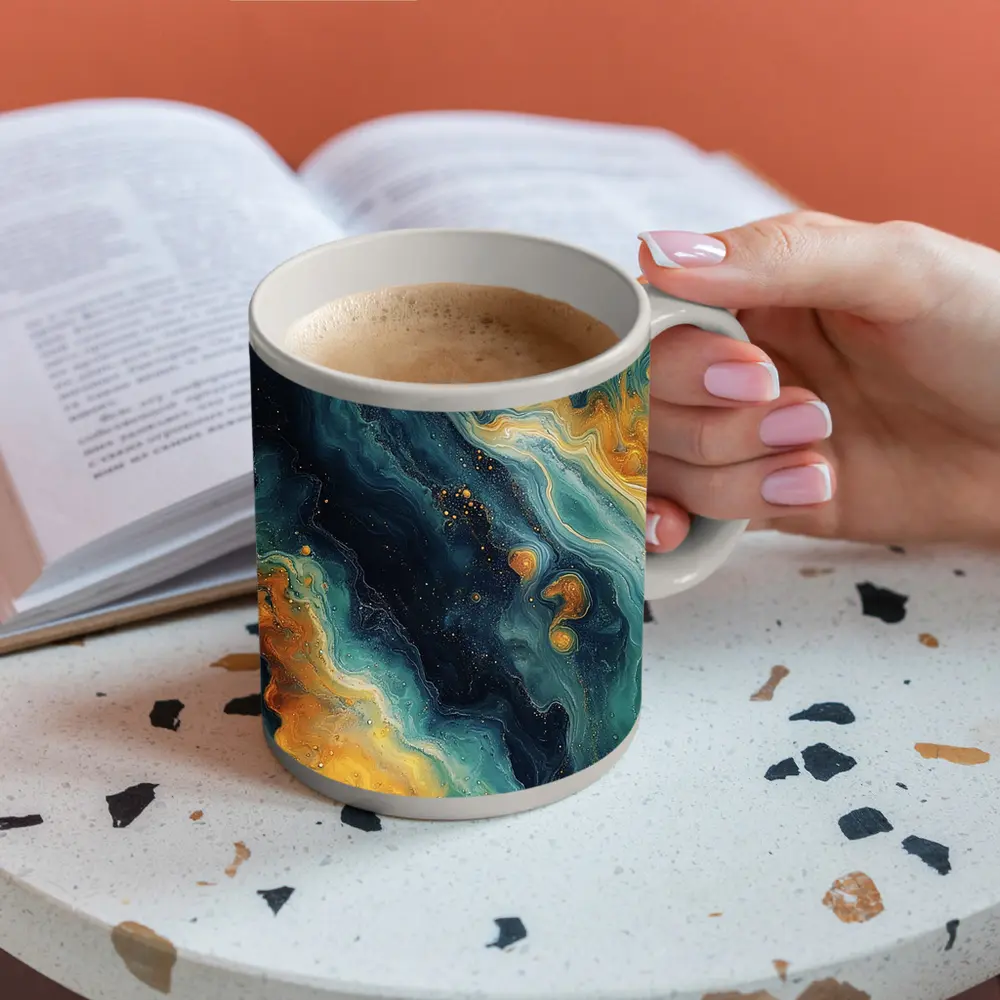 Teal Gold Marble Abstract Fluid Art – Mugs