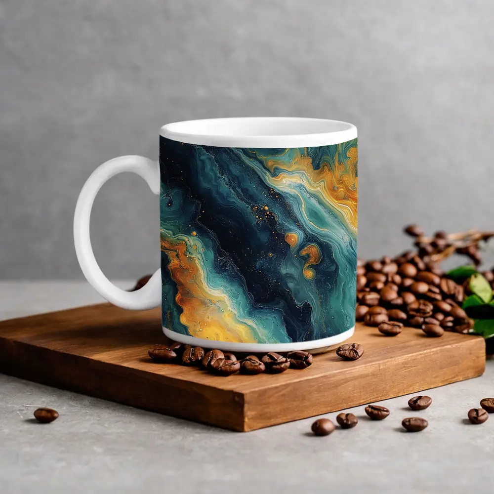 Teal Gold Marble Abstract Fluid Art – Mugs