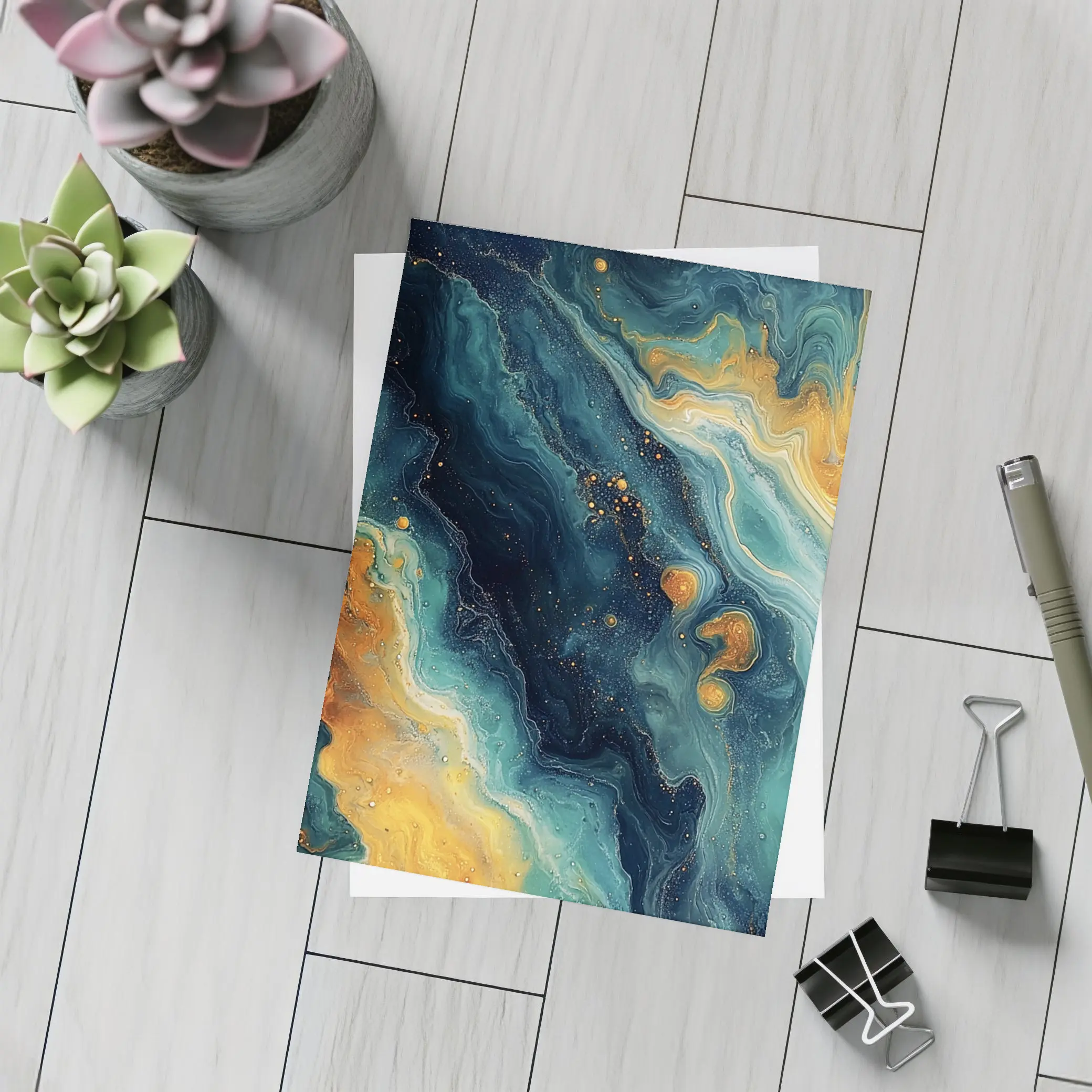 Teal Gold Marble Abstract Fluid Art – Postcards