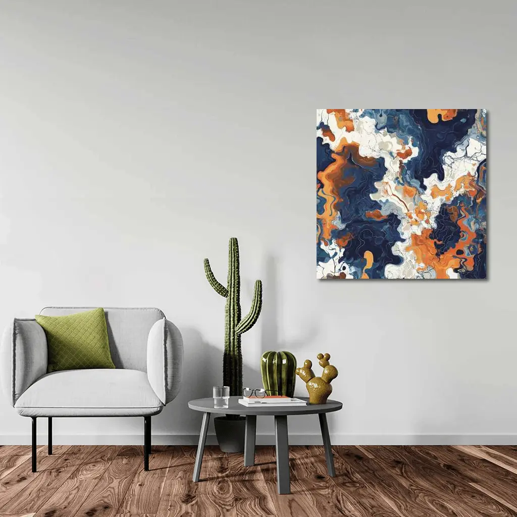 Navy Orange Marble Abstract Fluid Art – Wall Art