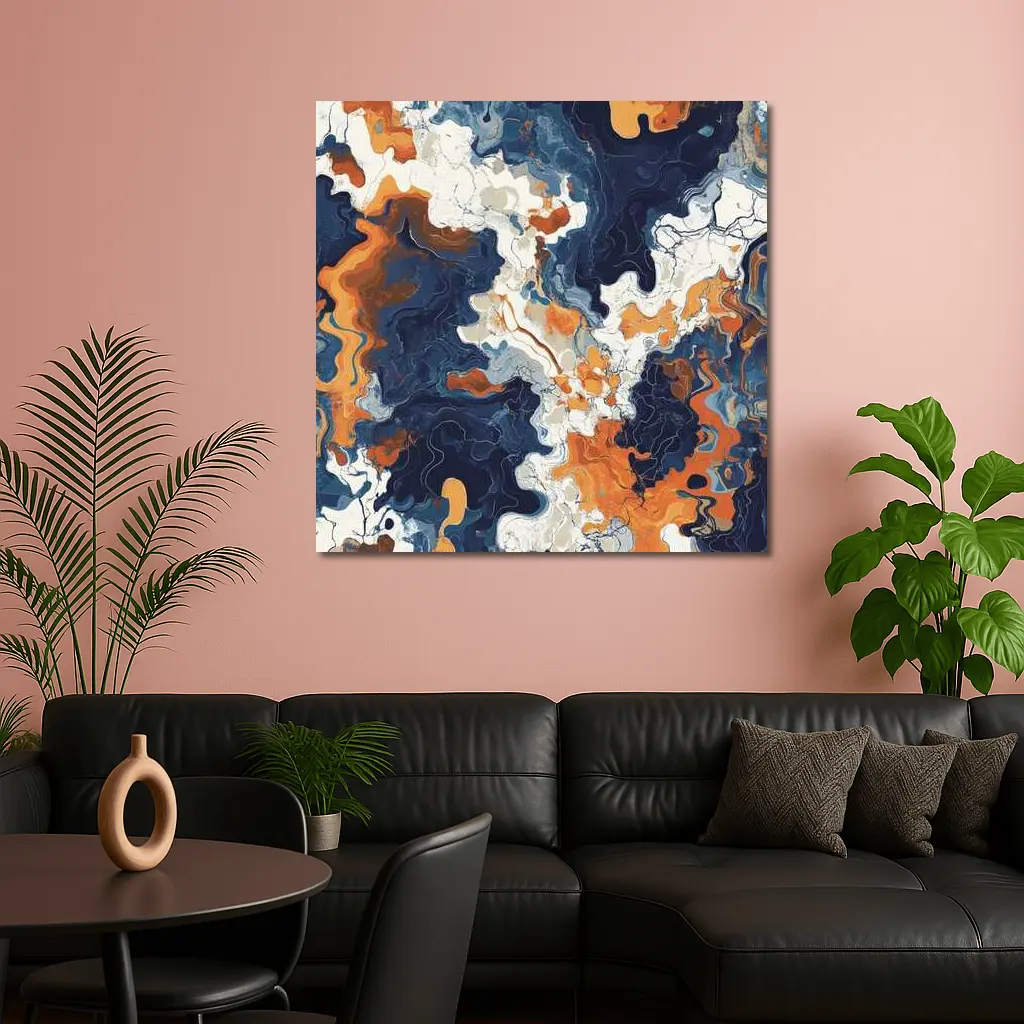 Navy Orange Marble Abstract Fluid Art – Wall Art