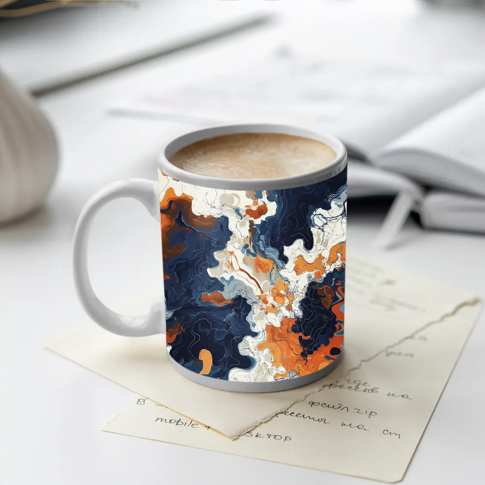 Navy Orange Marble Abstract Fluid Art – Mugs