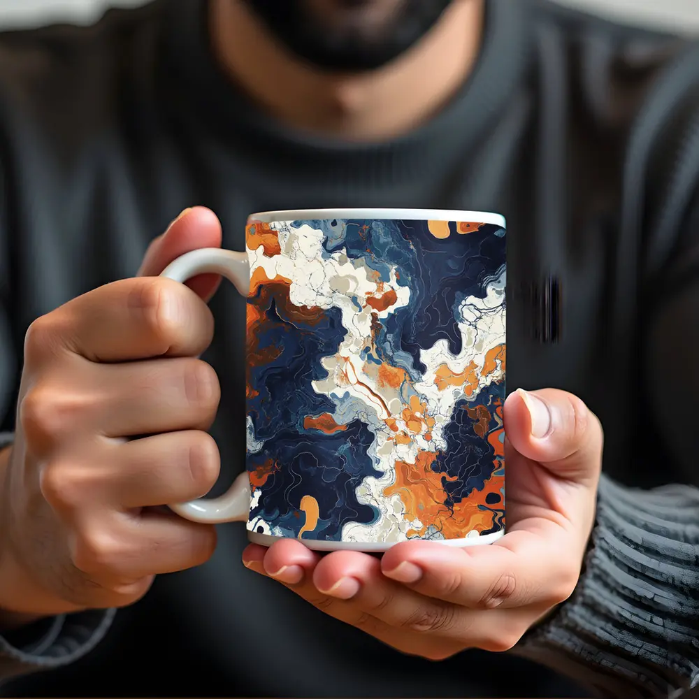 Navy Orange Marble Abstract Fluid Art – Mugs