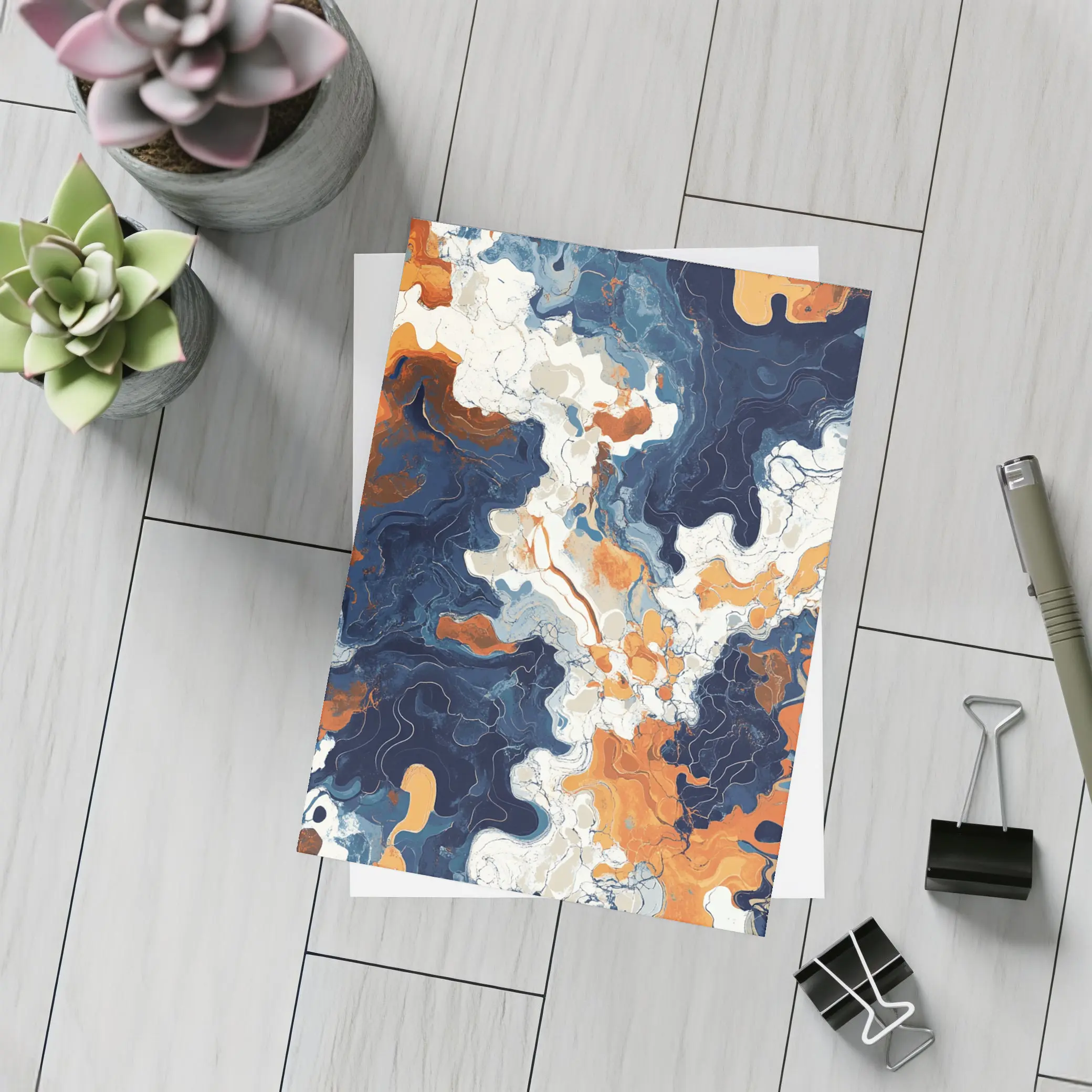 Navy Orange Marble Abstract Fluid Art – Postcards