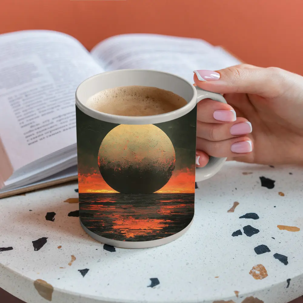 Giant Moon Over Dark Fiery Ocean – Mugs