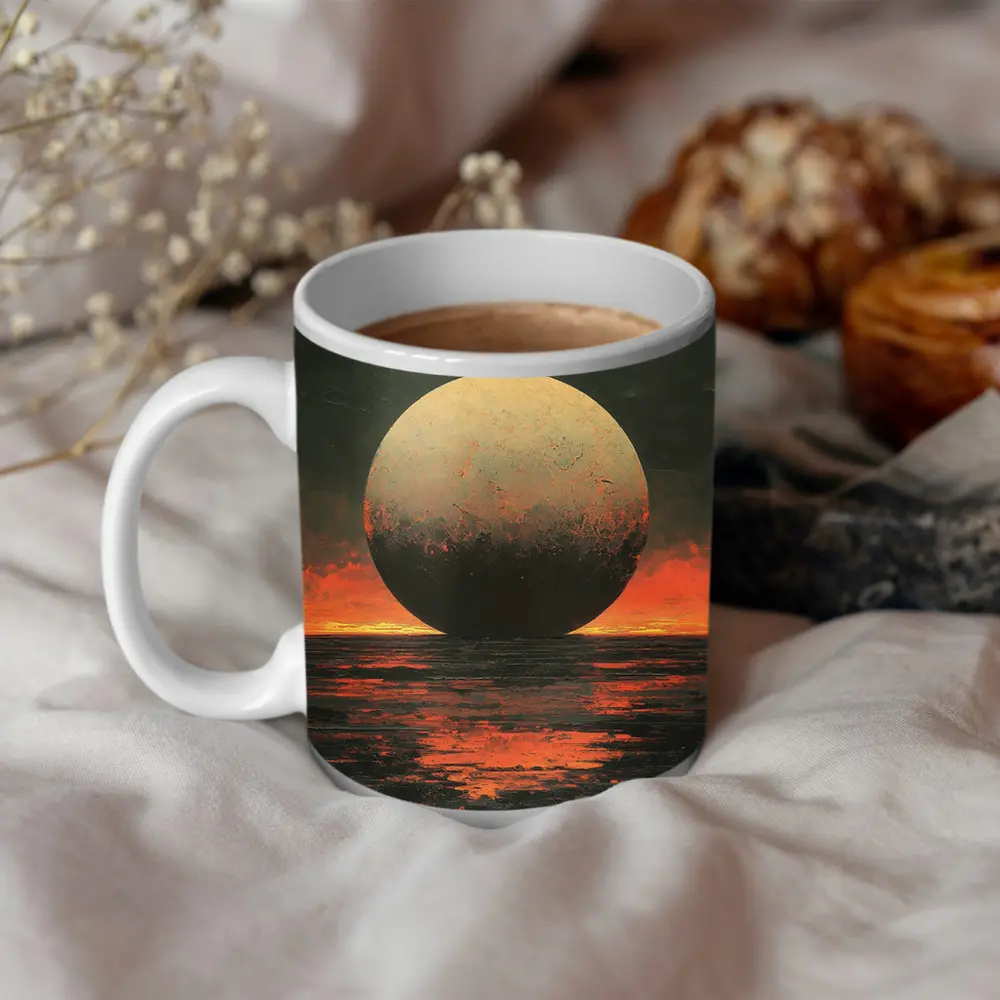 Giant Moon Over Dark Fiery Ocean – Mugs
