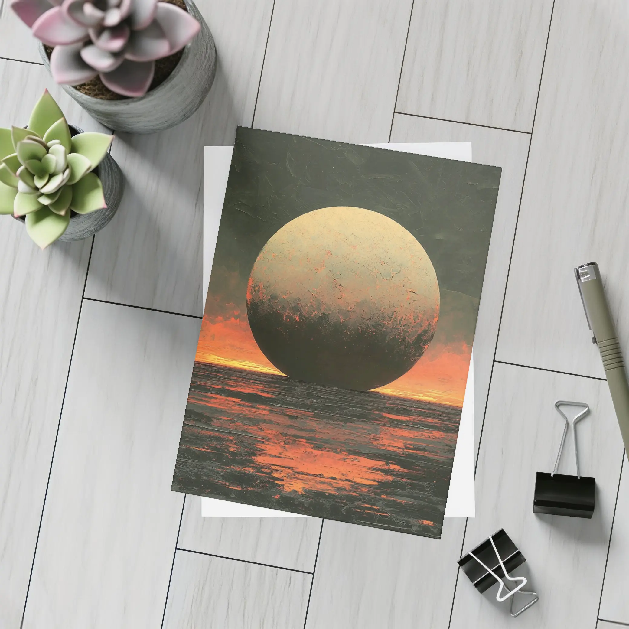 Giant Moon Over Dark Fiery Ocean – Postcards