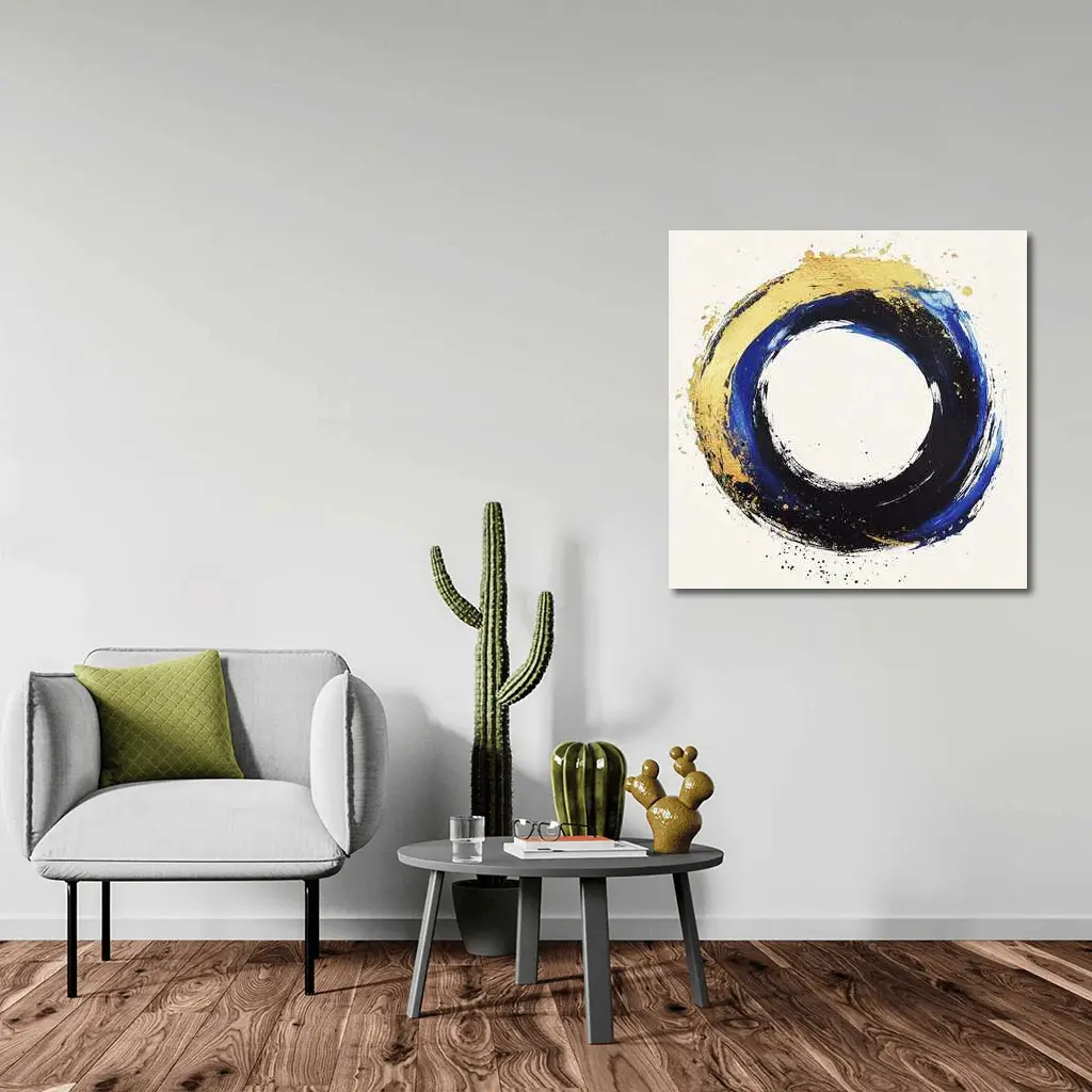 Blue Gold Circle Enso Abstract White Background – Wall Art