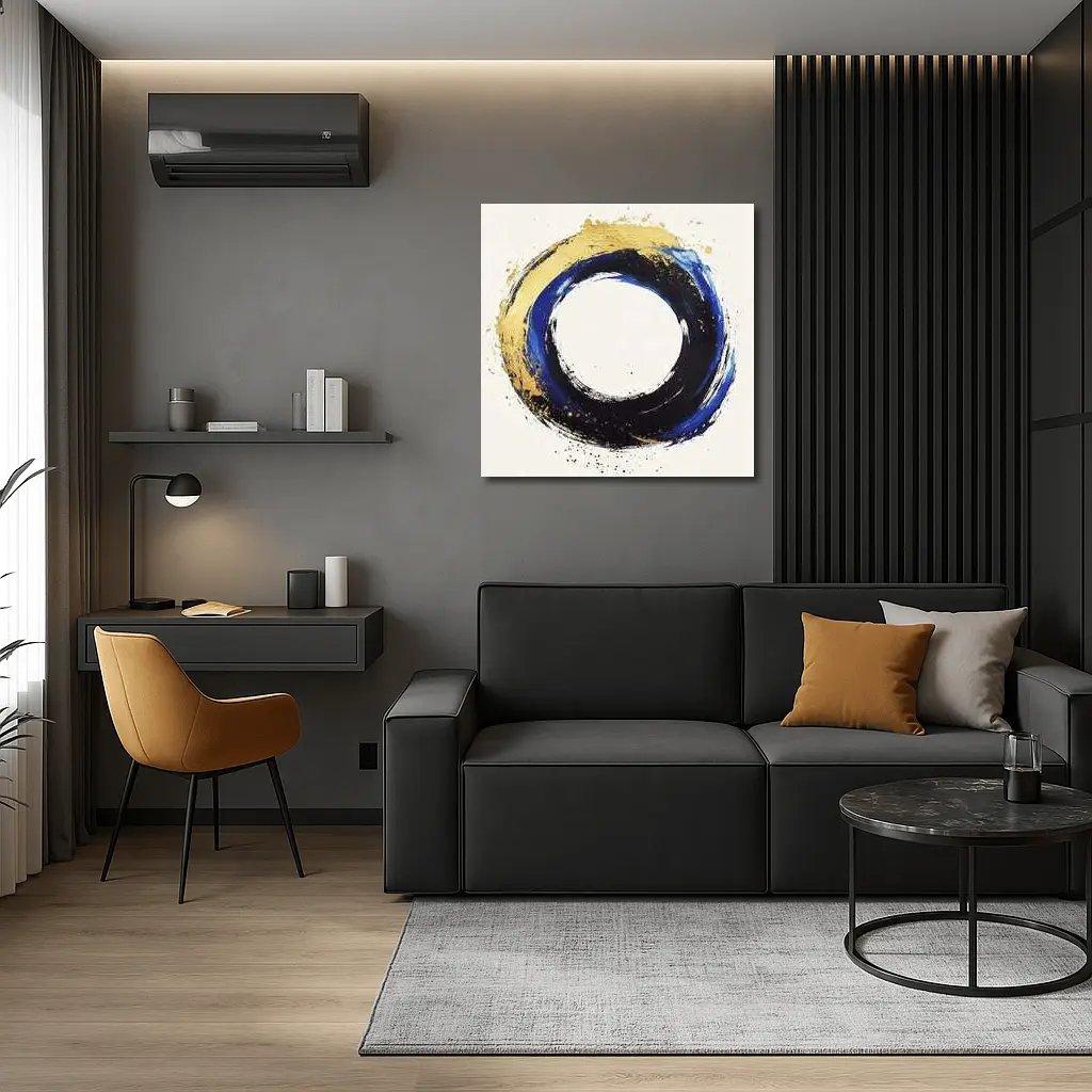 Blue Gold Circle Enso Abstract White Background – Wall Art