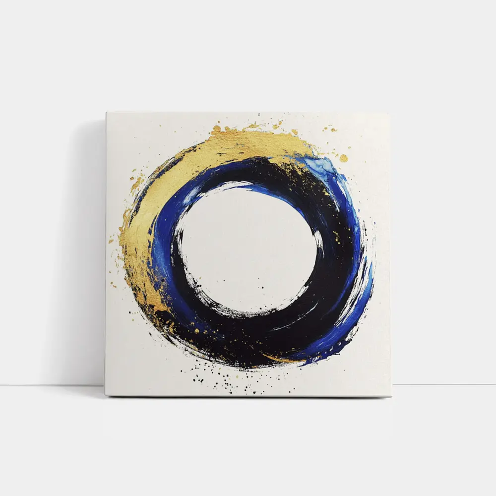 Blue Gold Circle Enso Abstract White Background – Wall Art