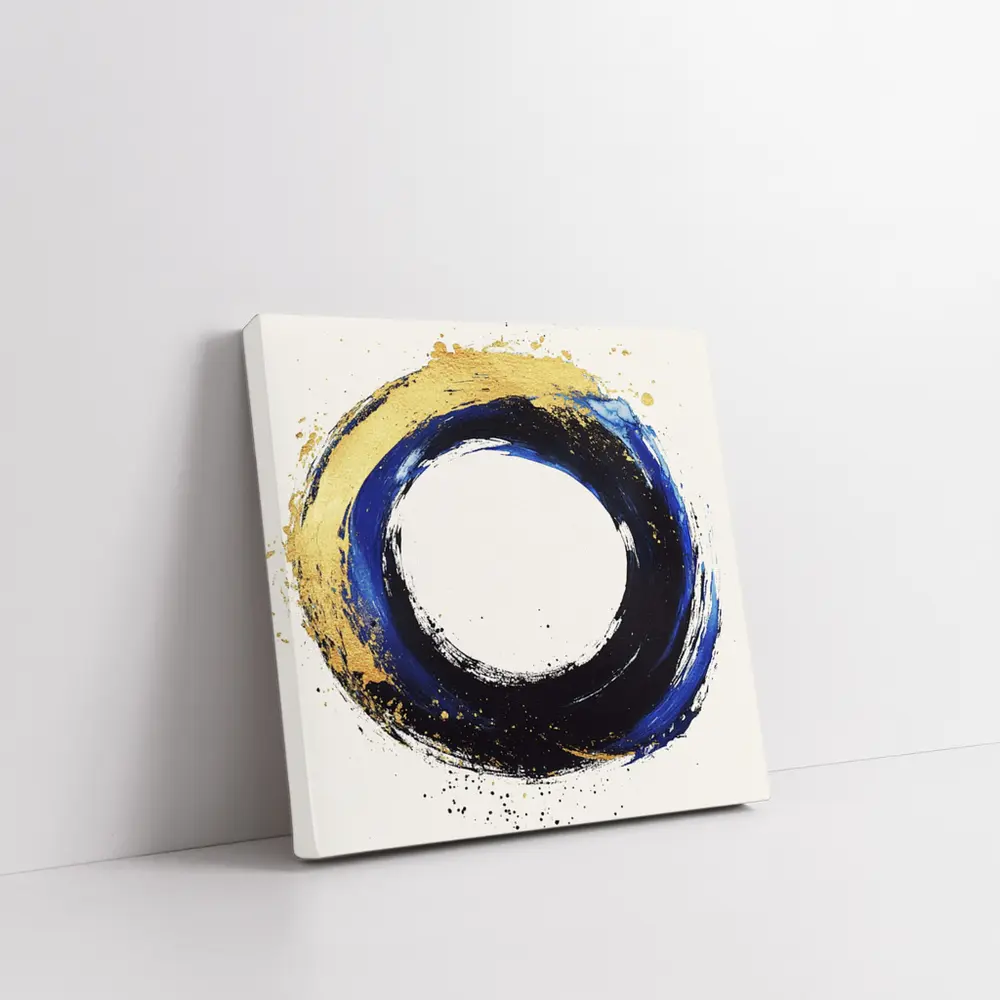 Blue Gold Circle Enso Abstract White Background – Wall Art