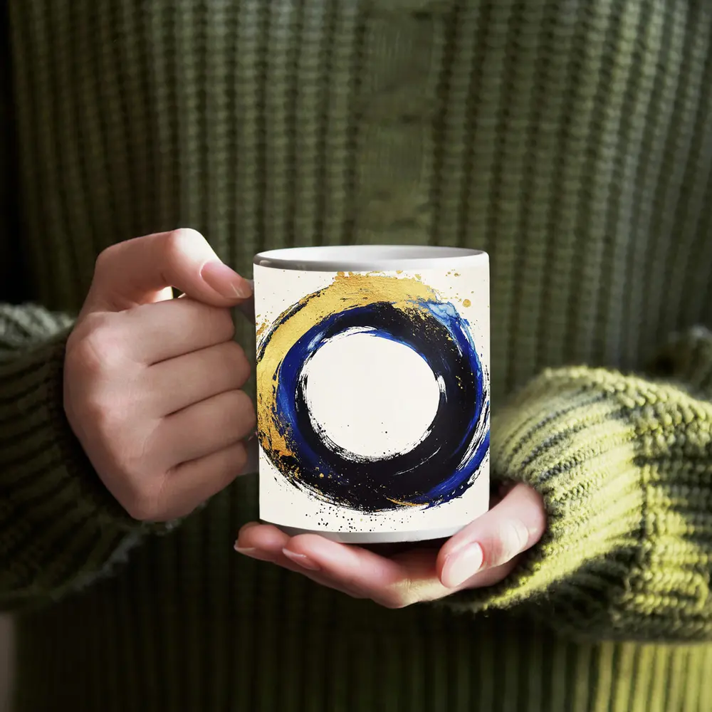 Blue Gold Circle Enso Abstract White Background – Mugs