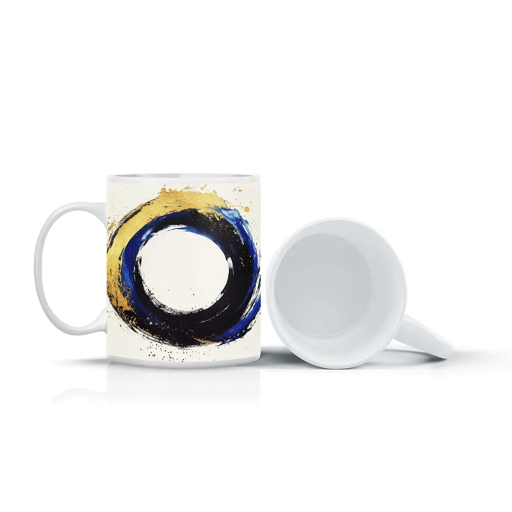 Blue Gold Circle Enso Abstract White Background – Mugs