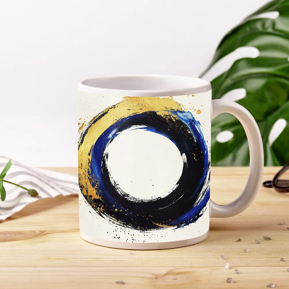 Blue Gold Circle Enso Abstract White Background – Mugs