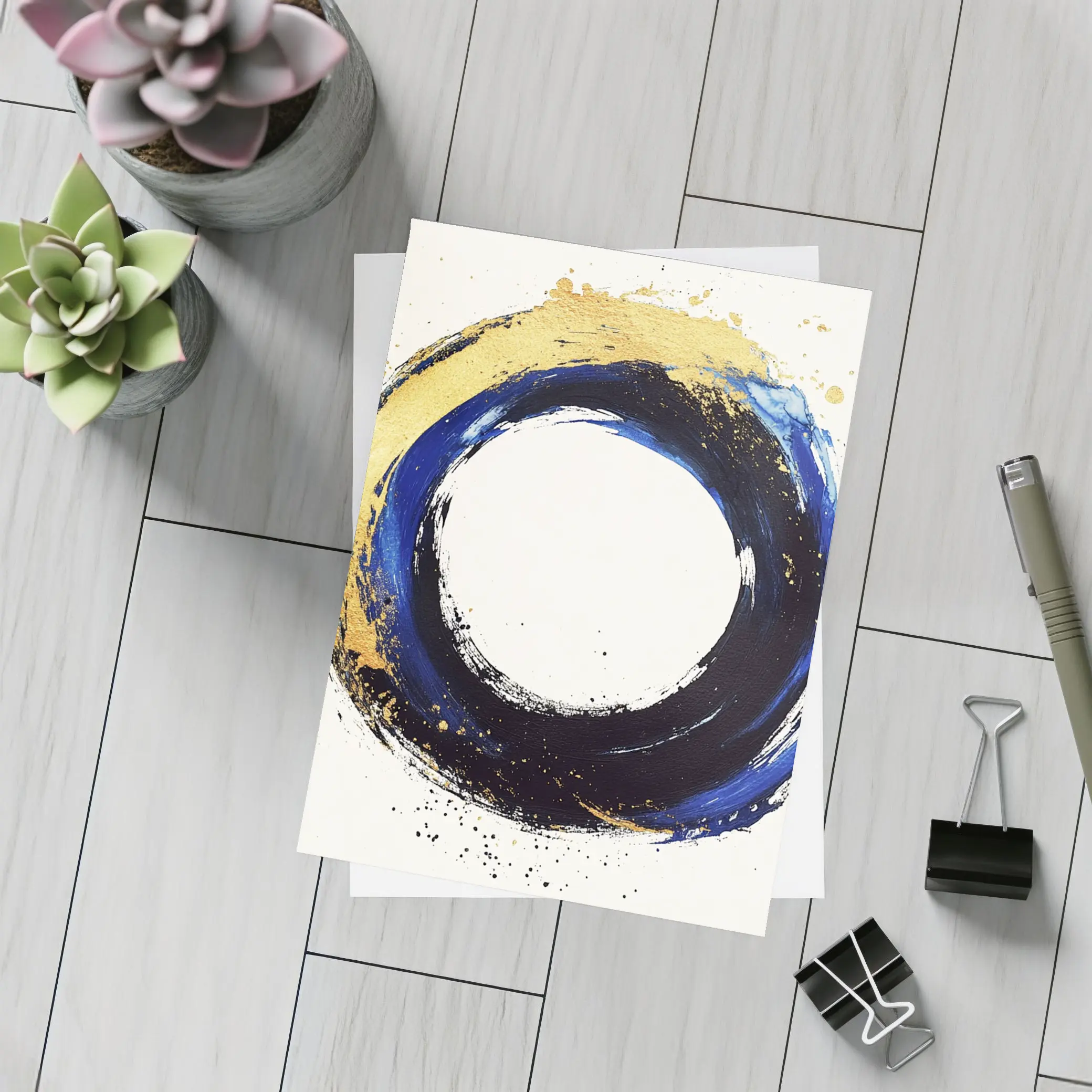 Blue Gold Circle Enso Abstract White Background – Postcards