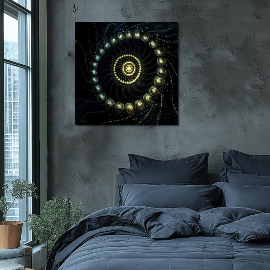 Dark Fractal Spiral Gold Glowing Abstract Art – Wall Art
