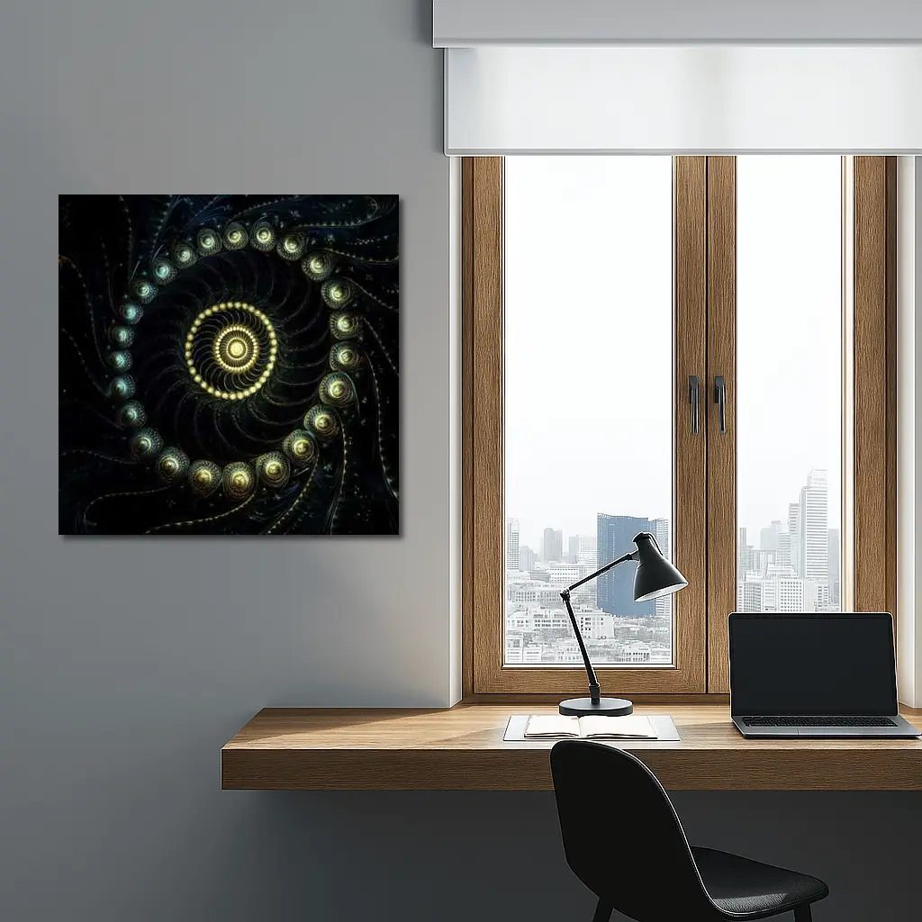 Dark Fractal Spiral Gold Glowing Abstract Art – Wall Art