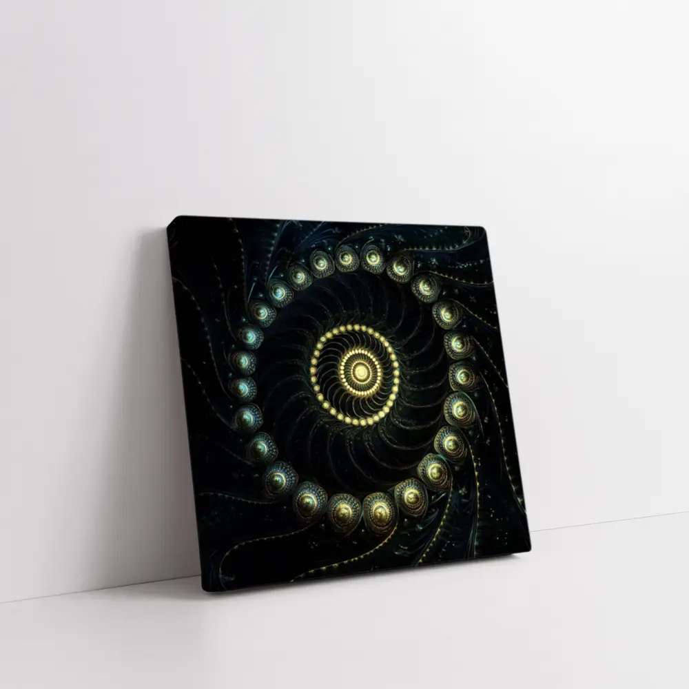 Dark Fractal Spiral Gold Glowing Abstract Art – Wall Art