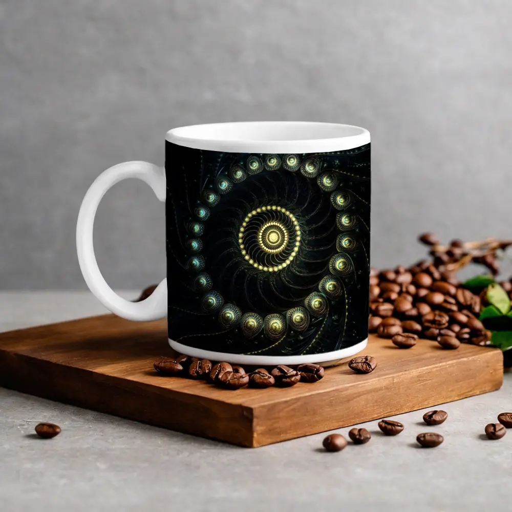 Dark Fractal Spiral Gold Glowing Abstract Art – Mugs