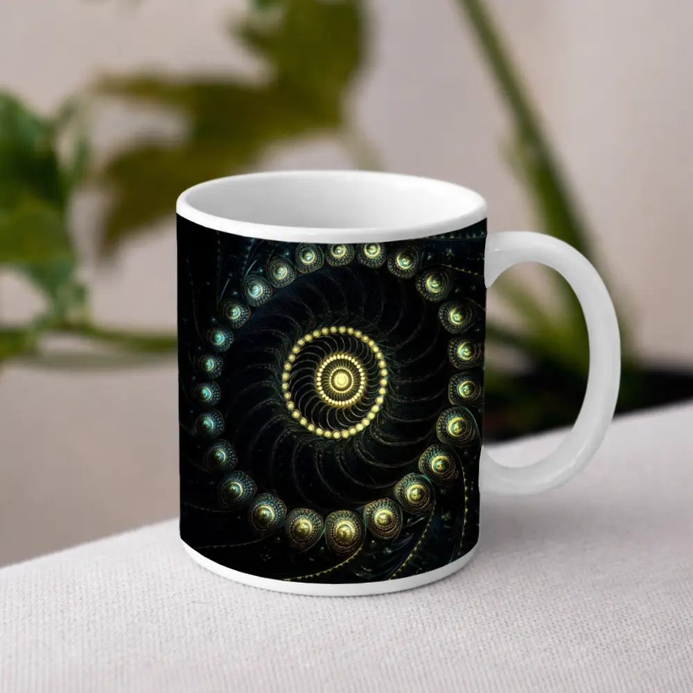 Dark Fractal Spiral Gold Glowing Abstract Art – Mugs