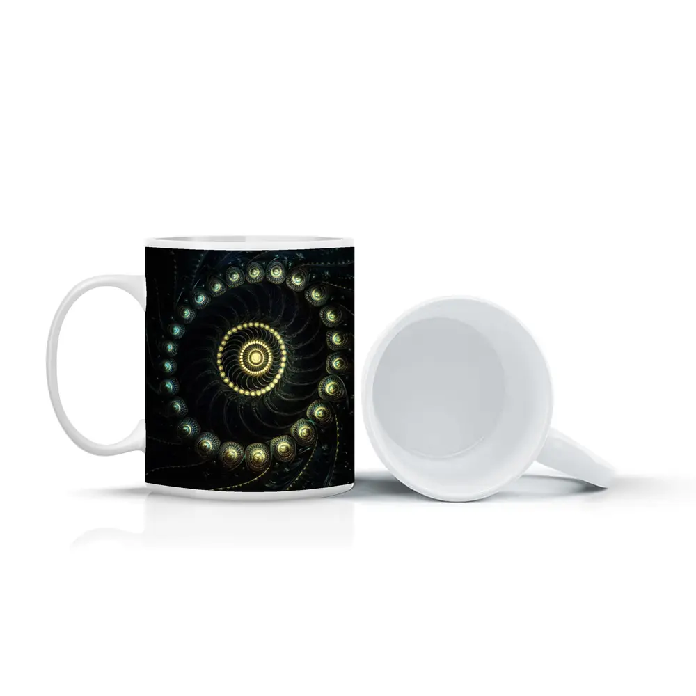 Dark Fractal Spiral Gold Glowing Abstract Art – Mugs