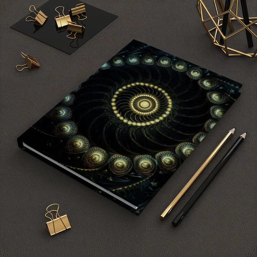 Dark Fractal Spiral Gold Glowing Abstract Art – Notebooks