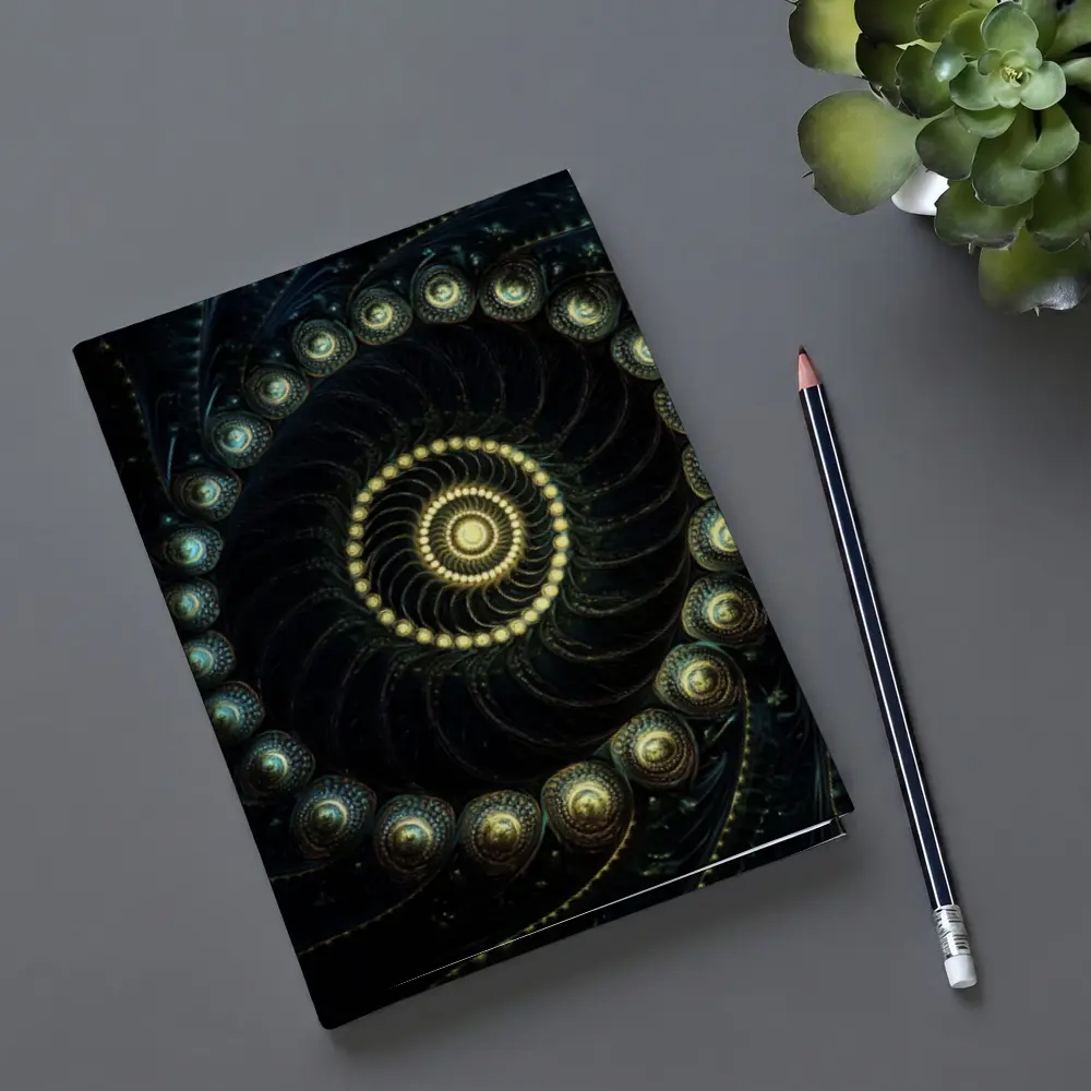 Dark Fractal Spiral Gold Glowing Abstract Art – Notebooks