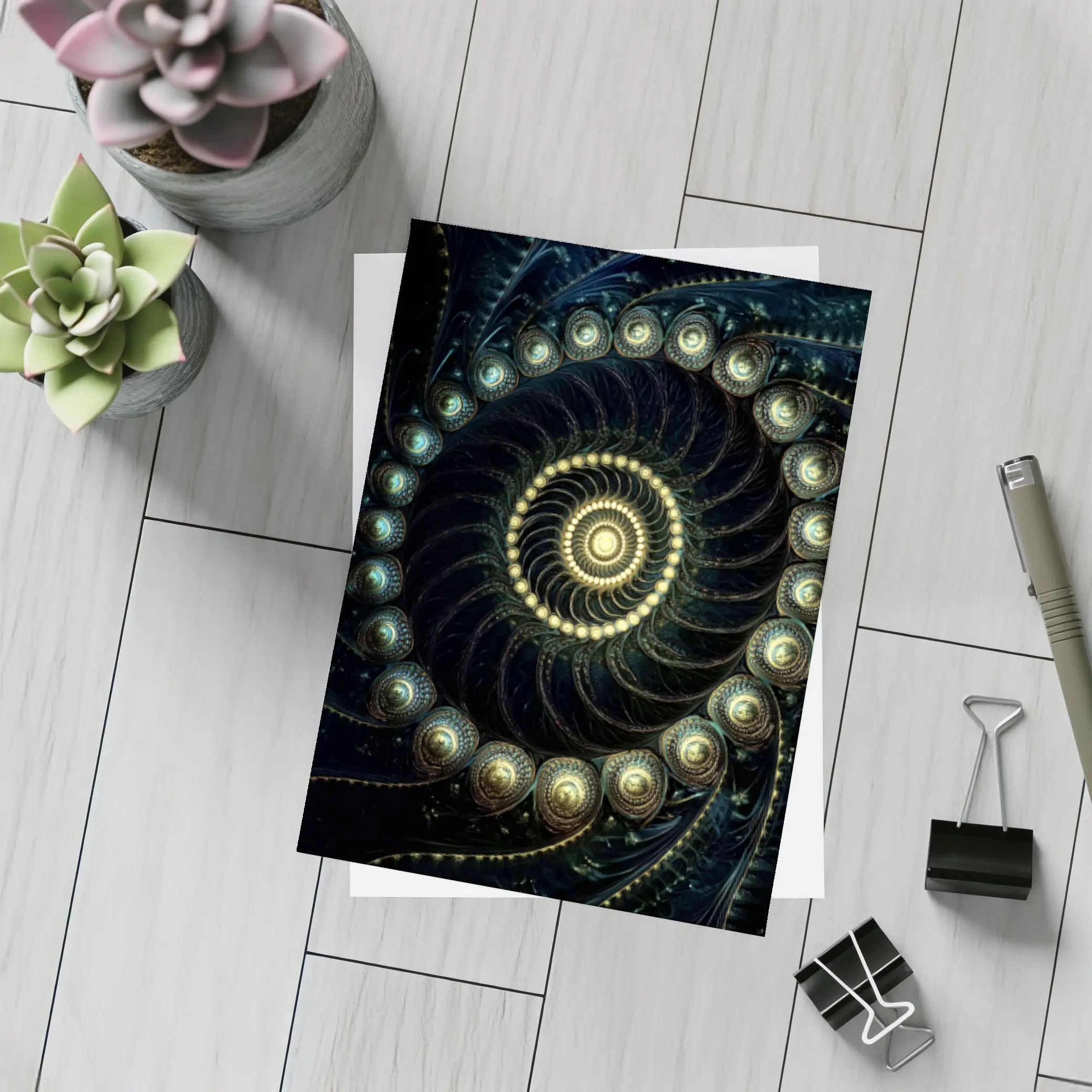 Dark Fractal Spiral Gold Glowing Abstract Art – Postcards