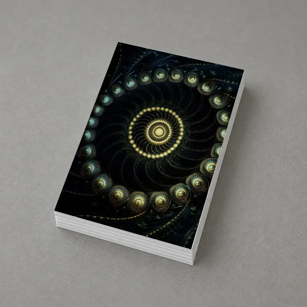 Dark Fractal Spiral Gold Glowing Abstract Art – Postcards