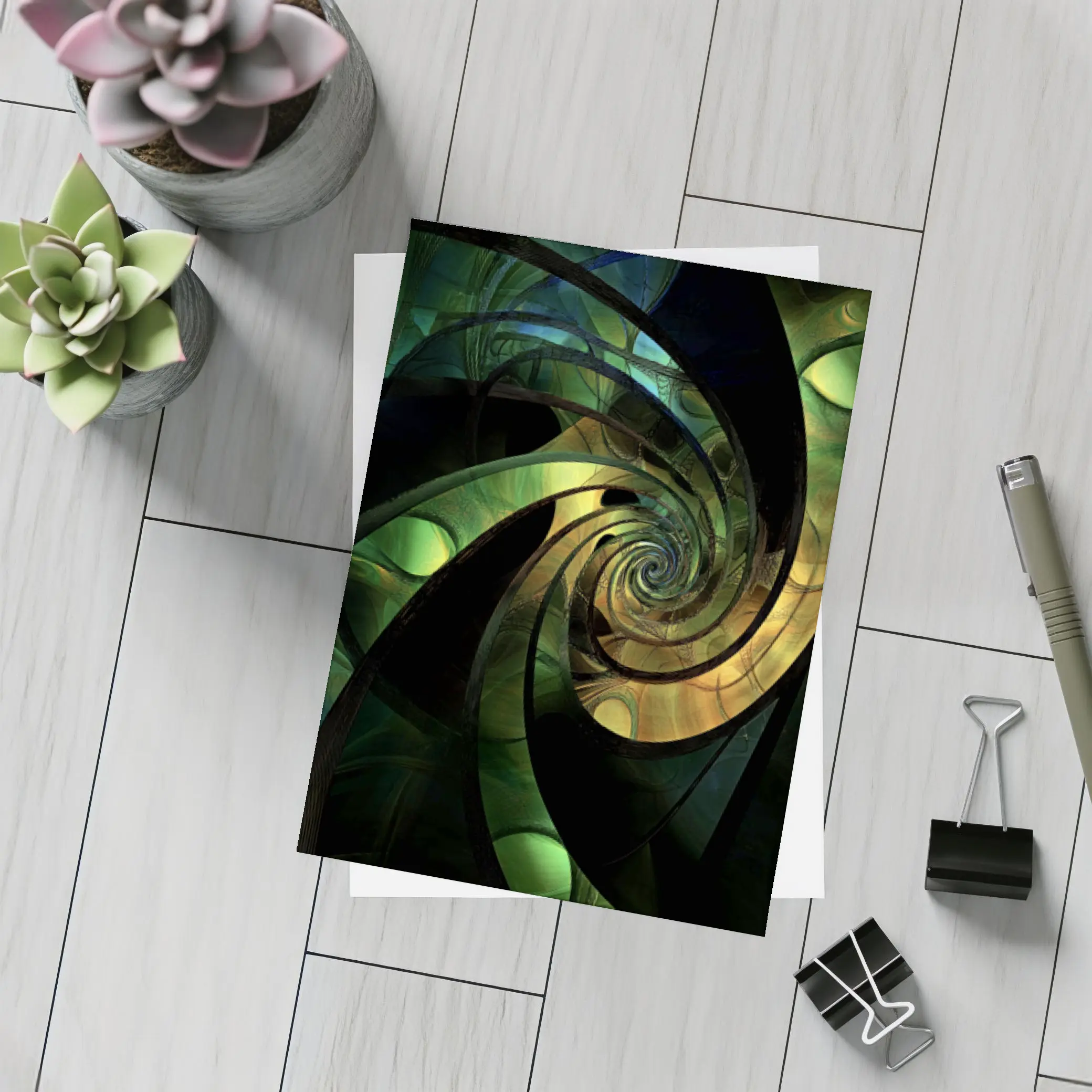 Dark Green Spiral Fractal Abstract Art – Postcards
