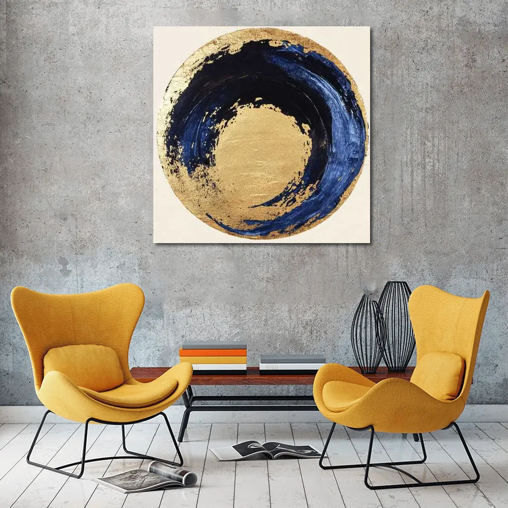 Navy Blue Gold Abstract Circle Swirl Art – Wall Art