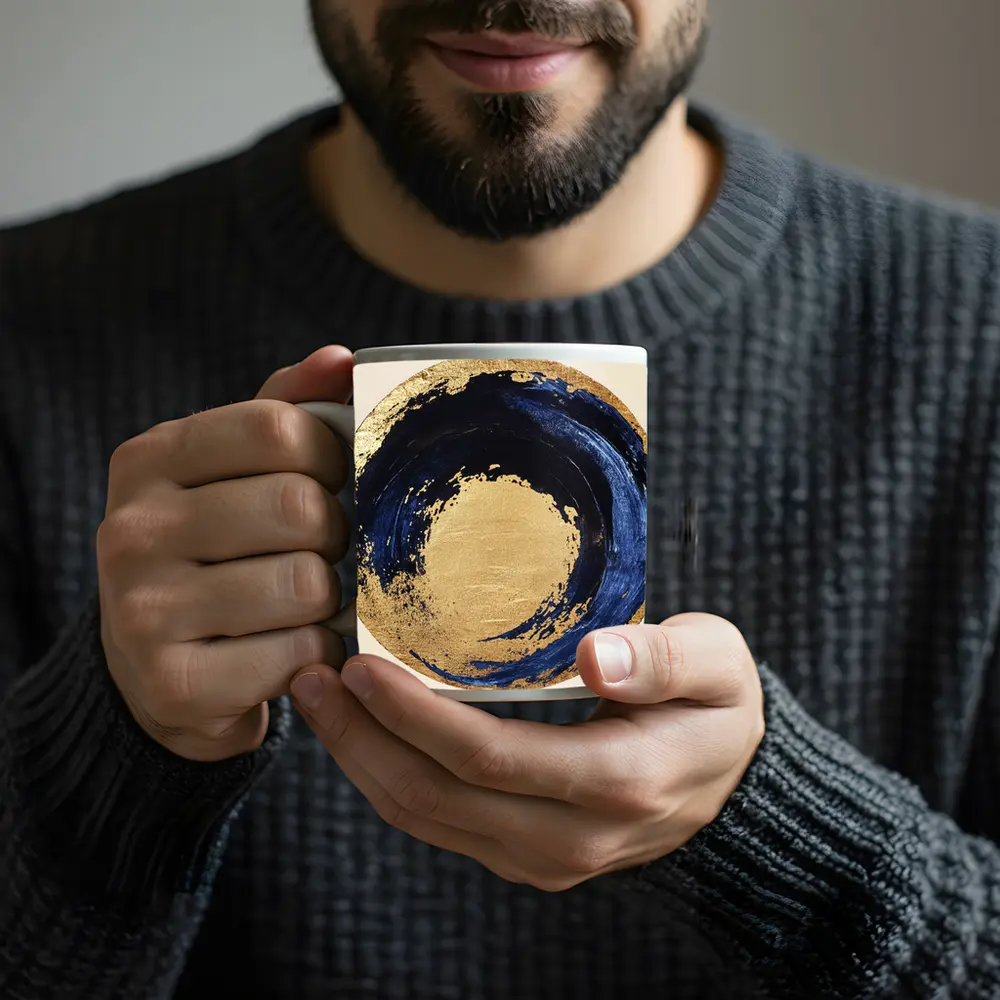 Navy Blue Gold Abstract Circle Swirl Art – Mugs