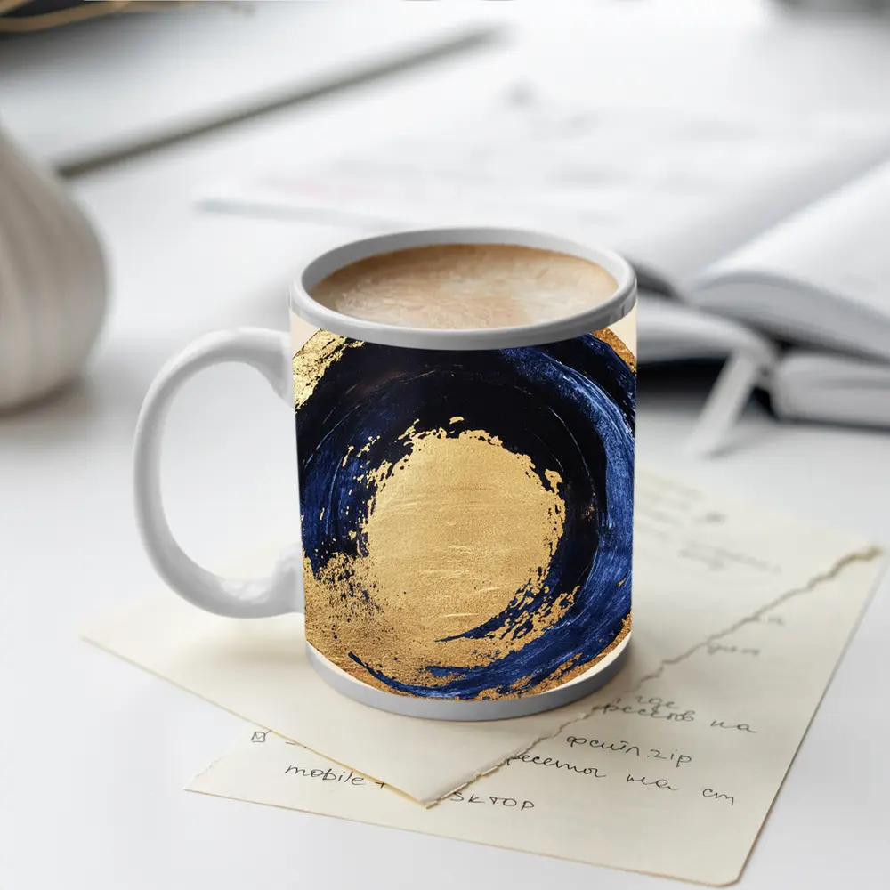 Navy Blue Gold Abstract Circle Swirl Art – Mugs
