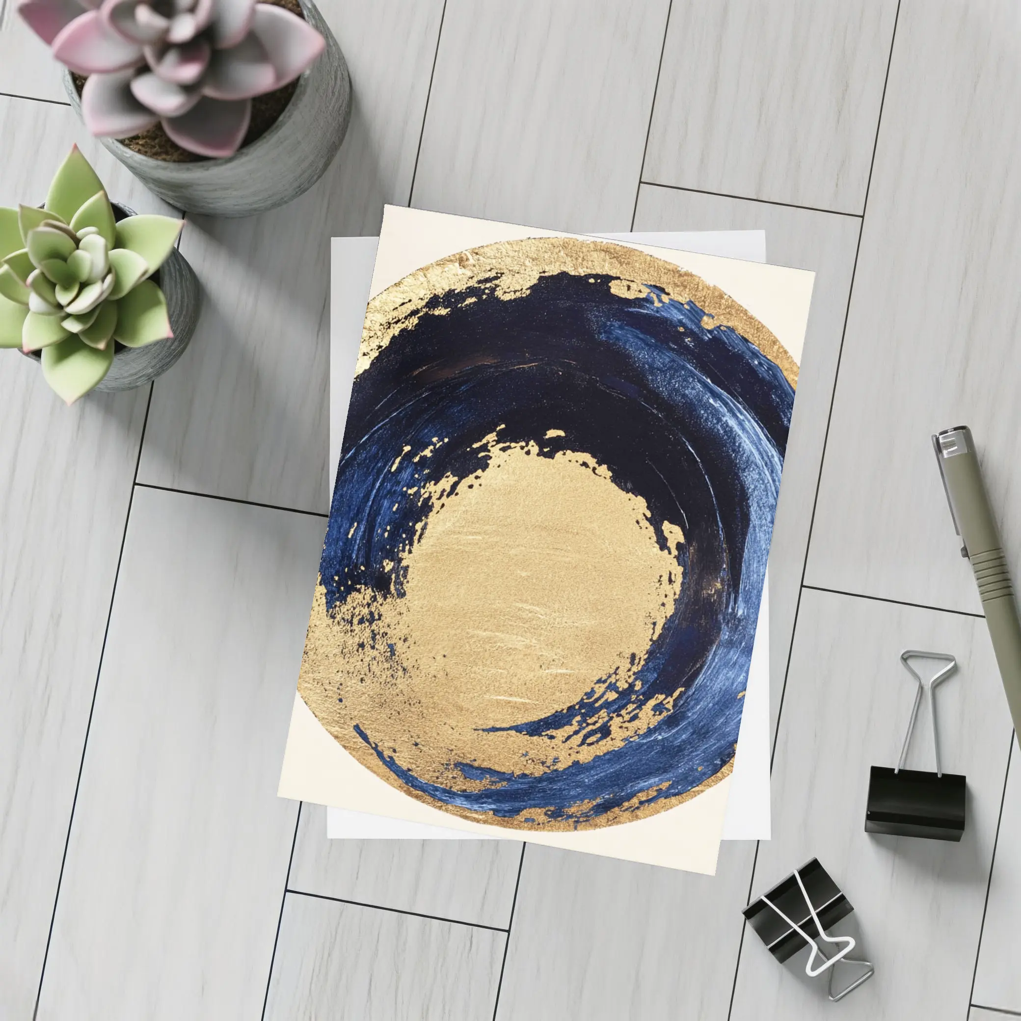 Navy Blue Gold Abstract Circle Swirl Art – Postcards