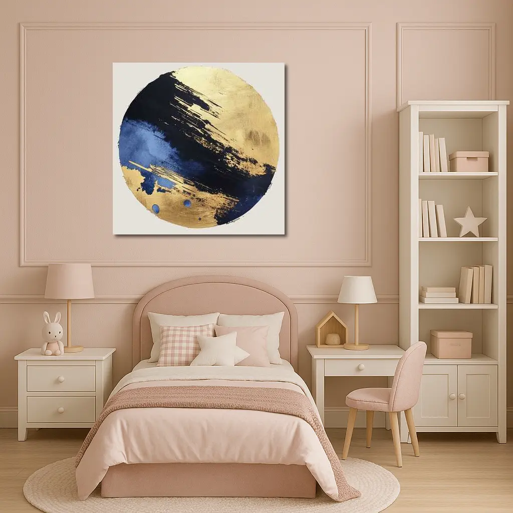 Navy Blue Gold Abstract Circular Brushstroke Art – Wall Art