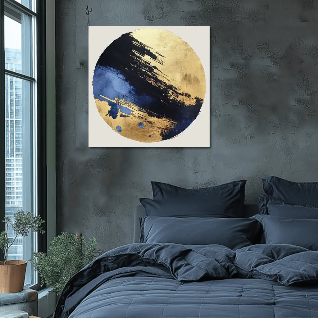 Navy Blue Gold Abstract Circular Brushstroke Art – Wall Art