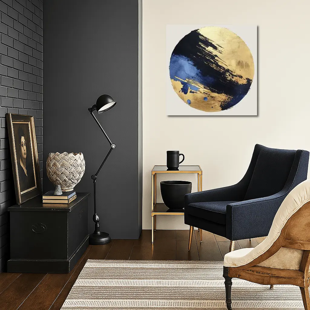 Navy Blue Gold Abstract Circular Brushstroke Art – Wall Art