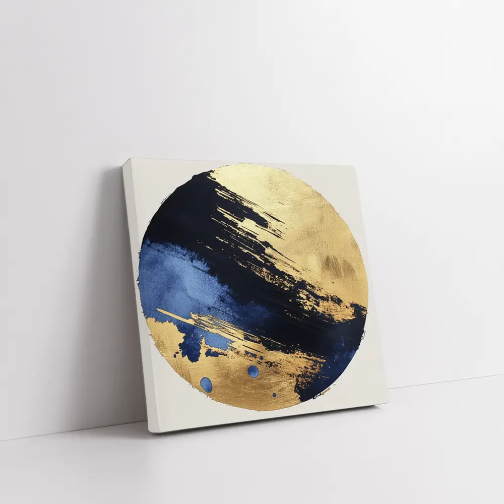 Navy Blue Gold Abstract Circular Brushstroke Art – Wall Art