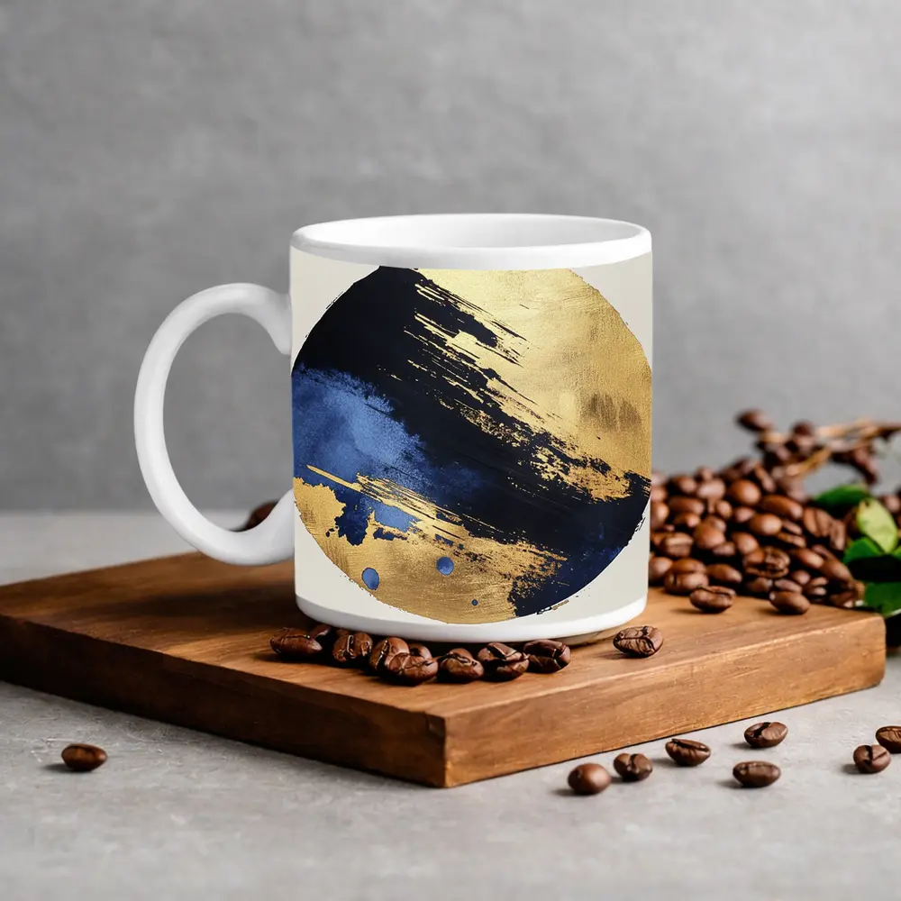 Navy Blue Gold Abstract Circular Brushstroke Art – Mugs