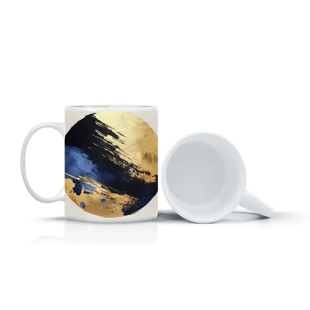 Navy Blue Gold Abstract Circular Brushstroke Art – Mugs