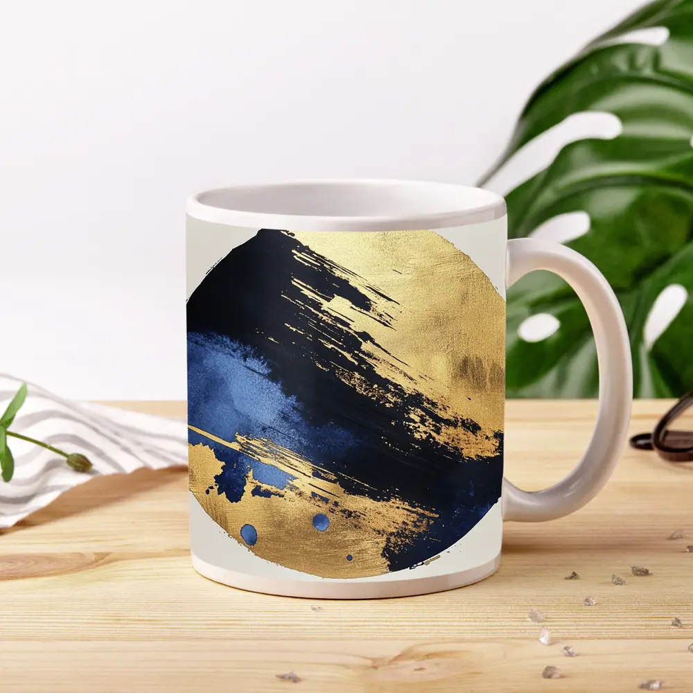 Navy Blue Gold Abstract Circular Brushstroke Art – Mugs