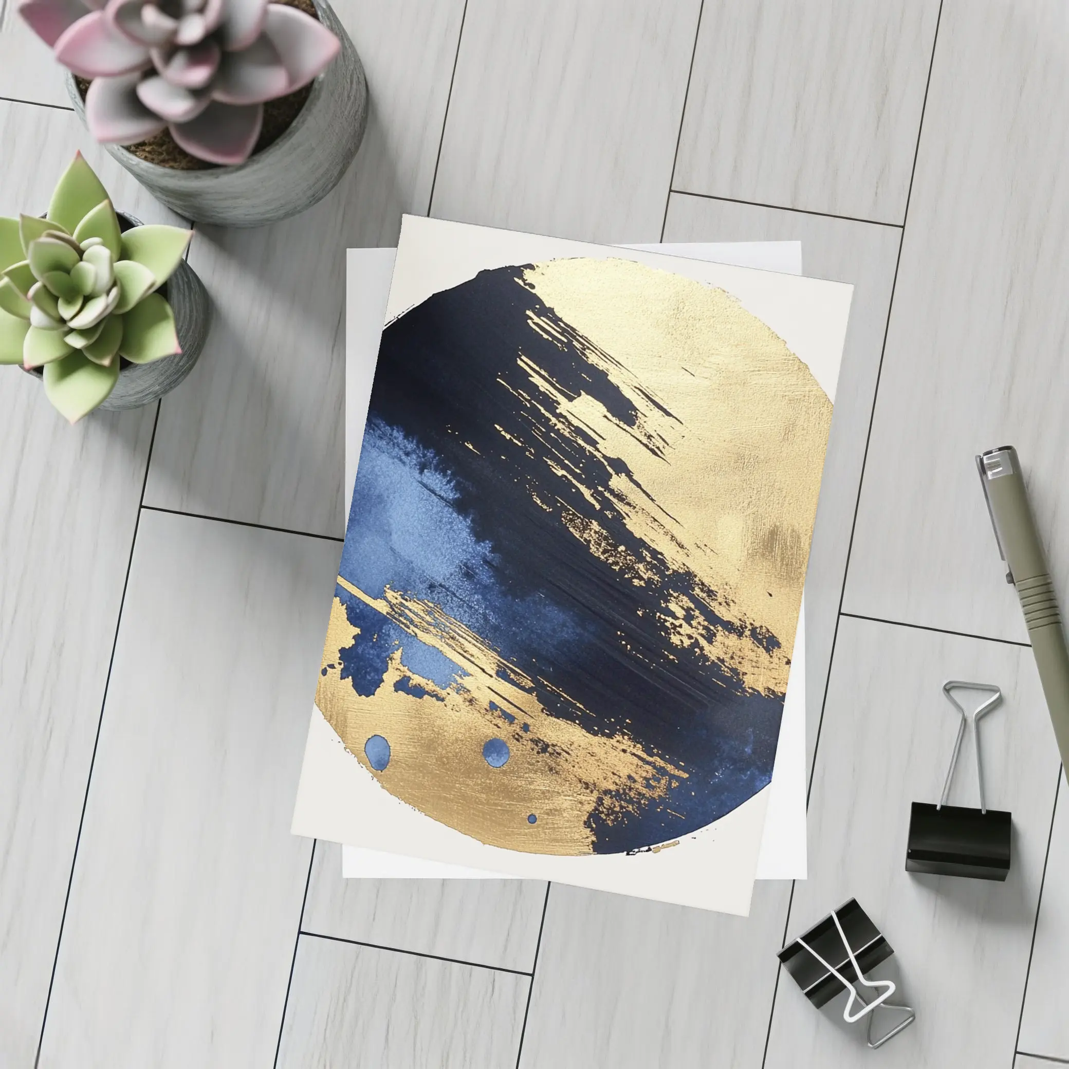 Navy Blue Gold Abstract Circular Brushstroke Art – Postcards