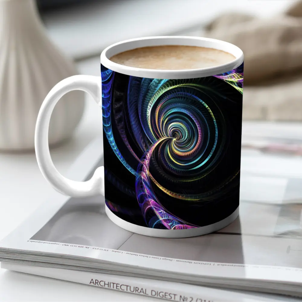 Colorful Fractal Spiral on Black Background – Mugs