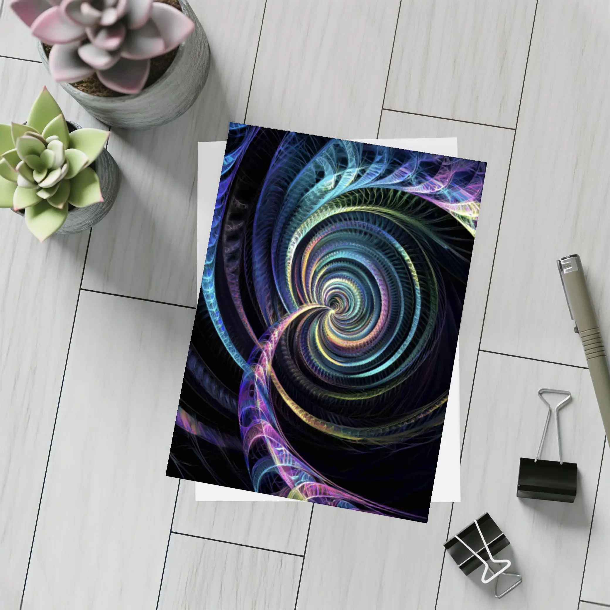 Colorful Fractal Spiral on Black Background – Postcards