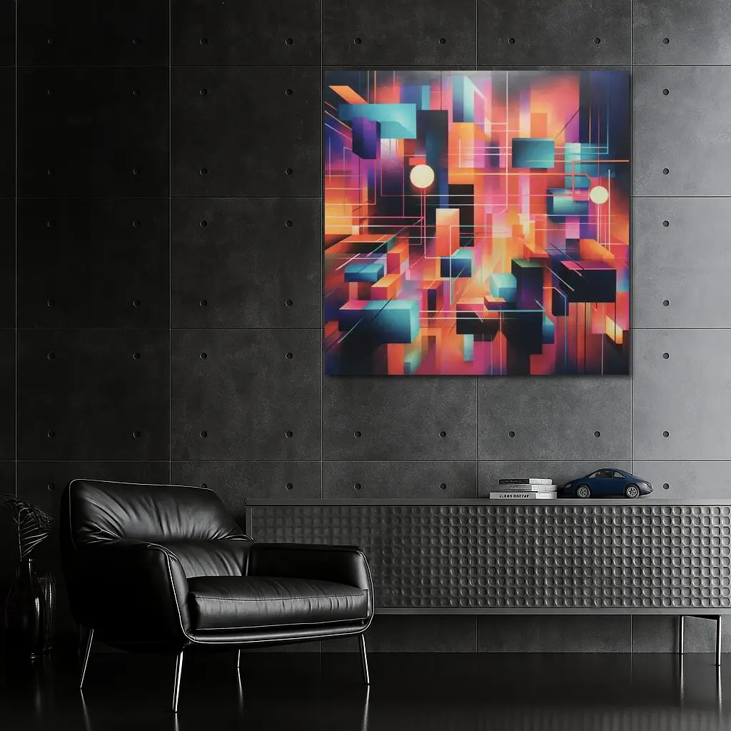 Geometric Abstract Coral Orange Purple Cubist Art – Wall Art