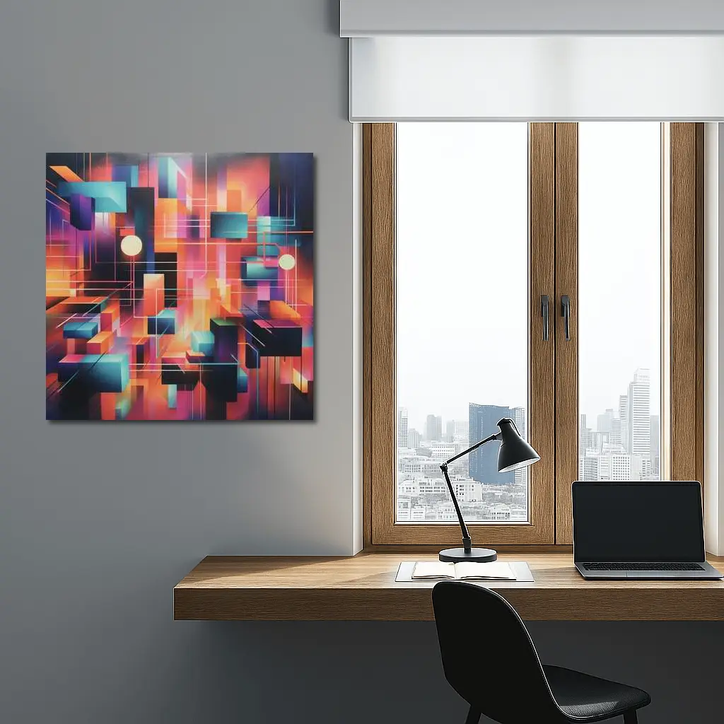 Geometric Abstract Coral Orange Purple Cubist Art – Wall Art