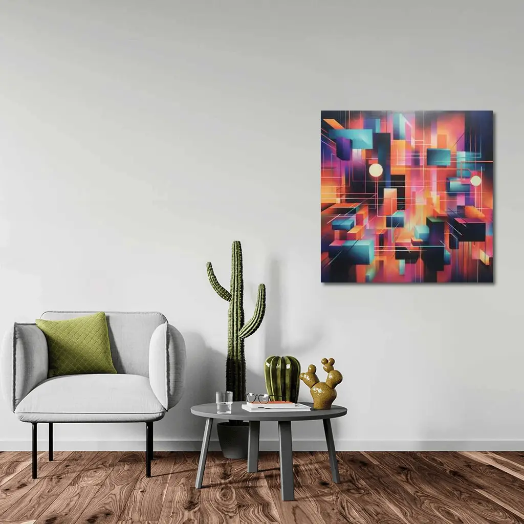 Geometric Abstract Coral Orange Purple Cubist Art – Wall Art